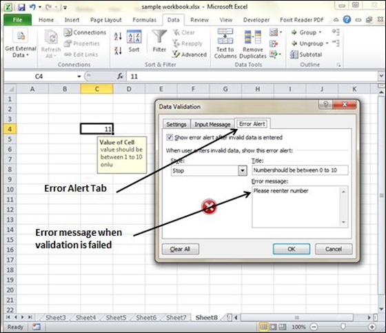 Data Validation error alert Tab