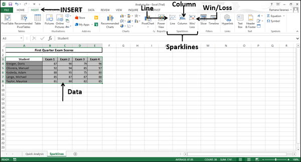 Sparklines with INSERT tab