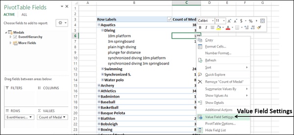 Value Field Settings